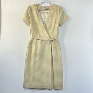 Vintage 50s/60s Sue Brett Wrap Dress Size Small Ivory Belted Bow Knee Length